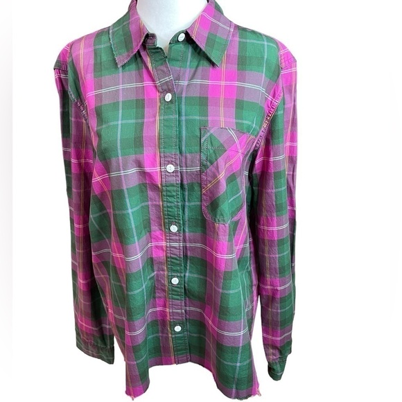 Current Elliott The Ivie Plaid Shirt pink & green Button down size 3 - Picture 12 of 17